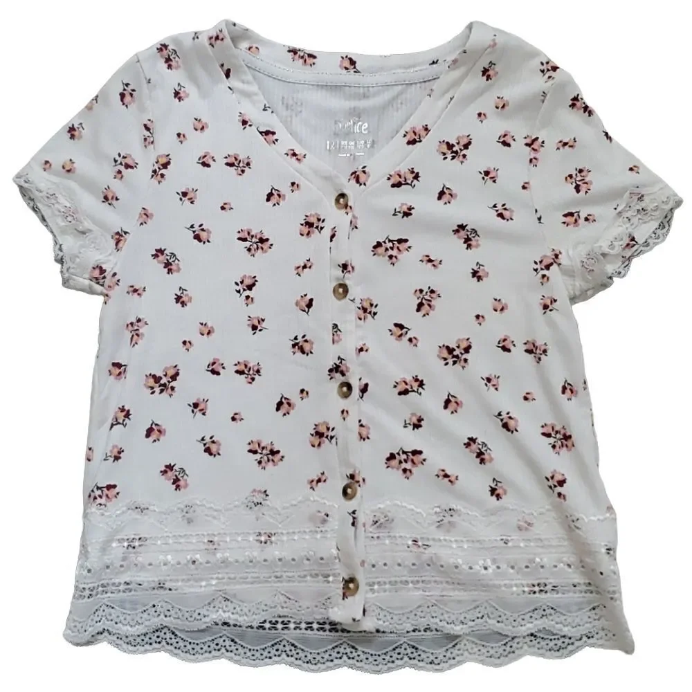 Justice Girls Size 12 Floral Lace Edged Short Sleeve Top